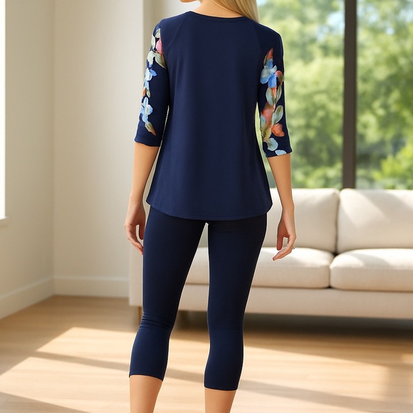 OS/TC/TC2 NEW Women Navy Blue Capri Leggings YOGA WAIST Summer Crop Pants - Picture 5 of 14